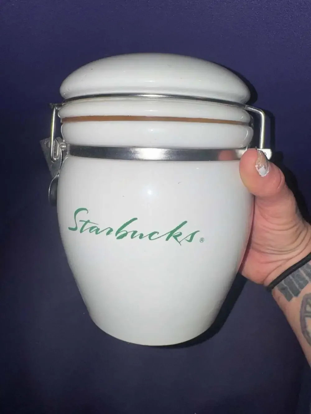 Starbucks White Ceramic Latch Top Lid Coffee Tea Canister Green Script Logo